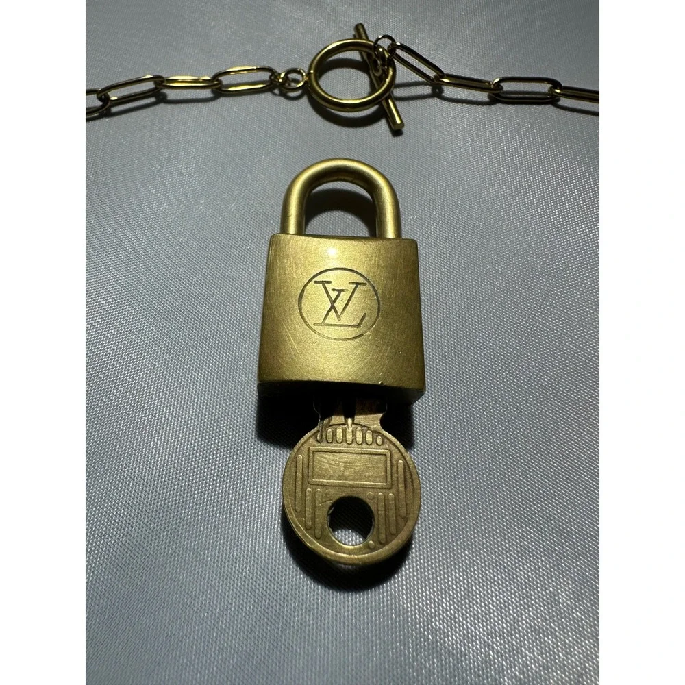 Louis Vuitton Brass Padlock 202 and Key with Gold Tone Paperclip Chain Necklace